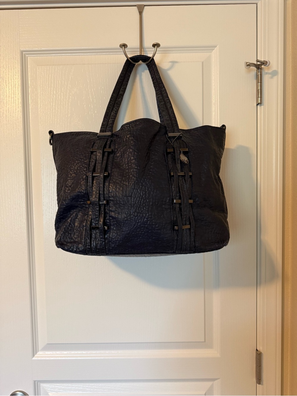 Big Buddha Navy Textured Tote with Ladder-Style Detail